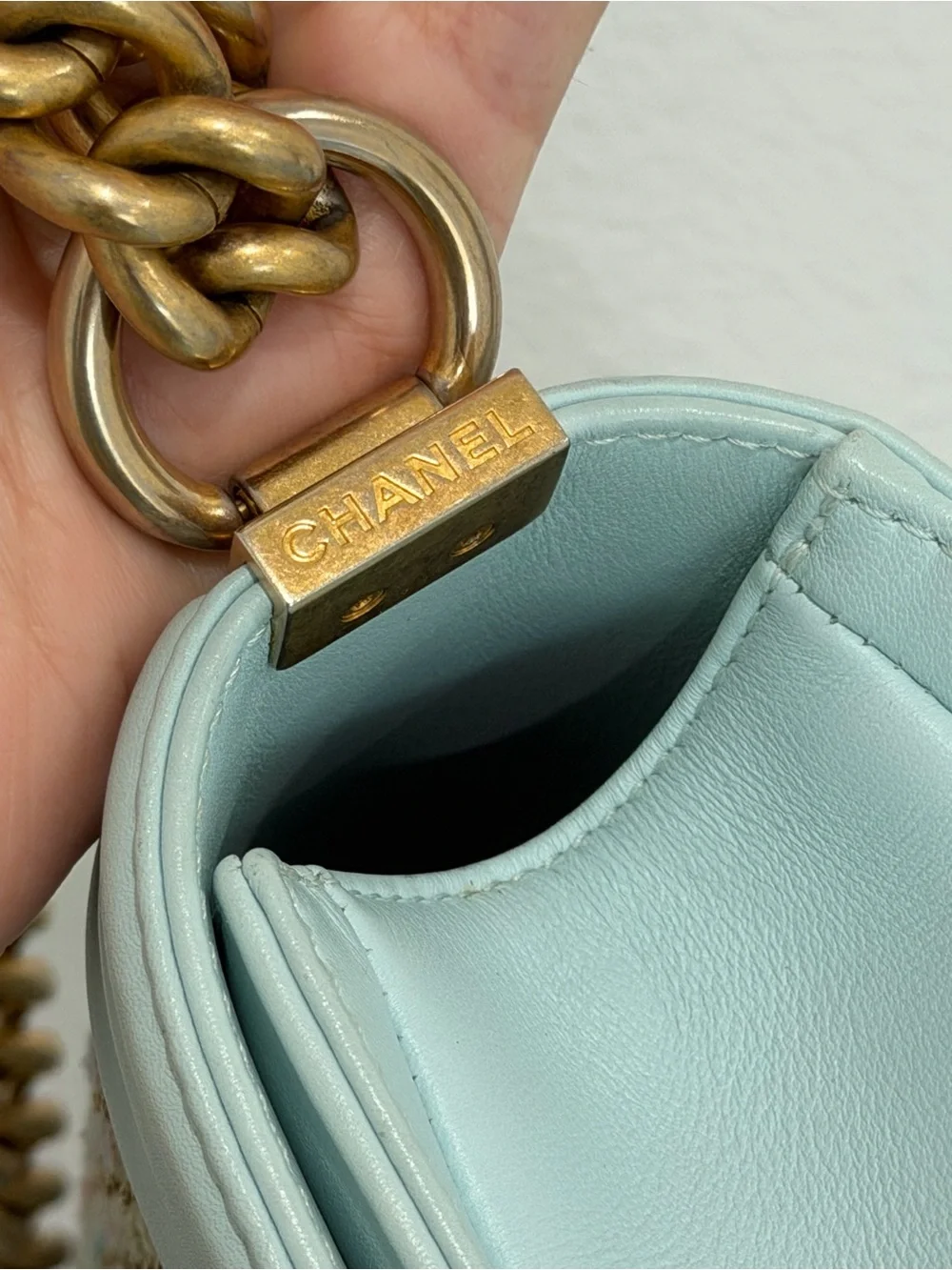 CHANEL Light Blue Chevron Quilted Boy Flap Shoulder Bag with Gold Hardware